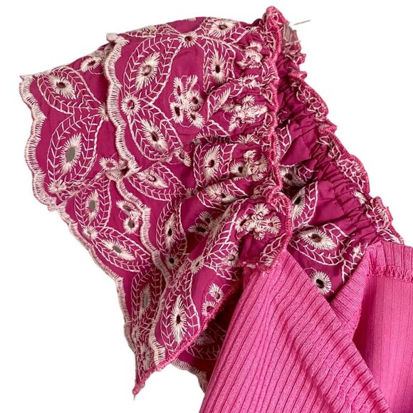 Bunulu Pink Ribbed Textured Top with Detailed Short Sleeves Women's Small - Picture 5 of 11